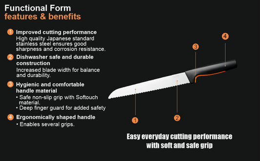 Fiskars FF Knife, FF Bread Knife, Japenese Stainless Steel, Made with Plastic Softgrip Handle, 23cm