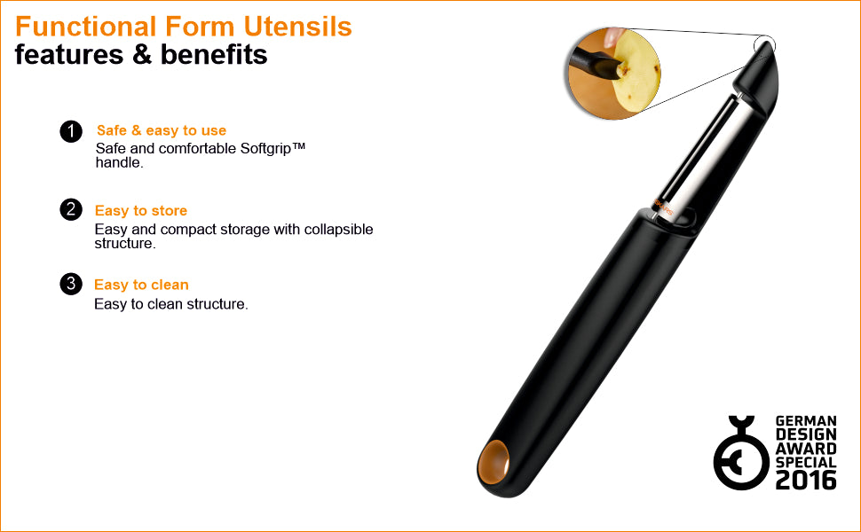 FISKARS Essential FF Swivel Bade Peeler, Japenese Stainless Steel, Made with SoftGrip Handle.