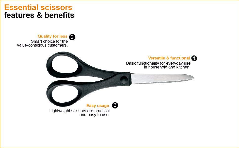 FISKARS Scissors, Essential Scissors, Essential paper scissors, Stainless steel, 18cm