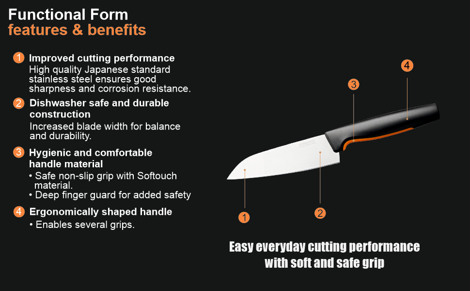 Fiskars FF Knife, FF Cooks knife, Japenese Stainless Steel, Made with Plastic Softgrip Handle, Small, 12cm