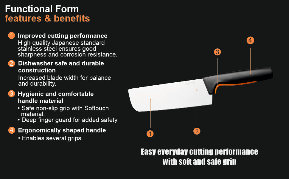 Fiskars FF Knife, FF Nakiri Knife, Japenese Stainless Steel, Made with Plastic Softgrip Handle, 16cm