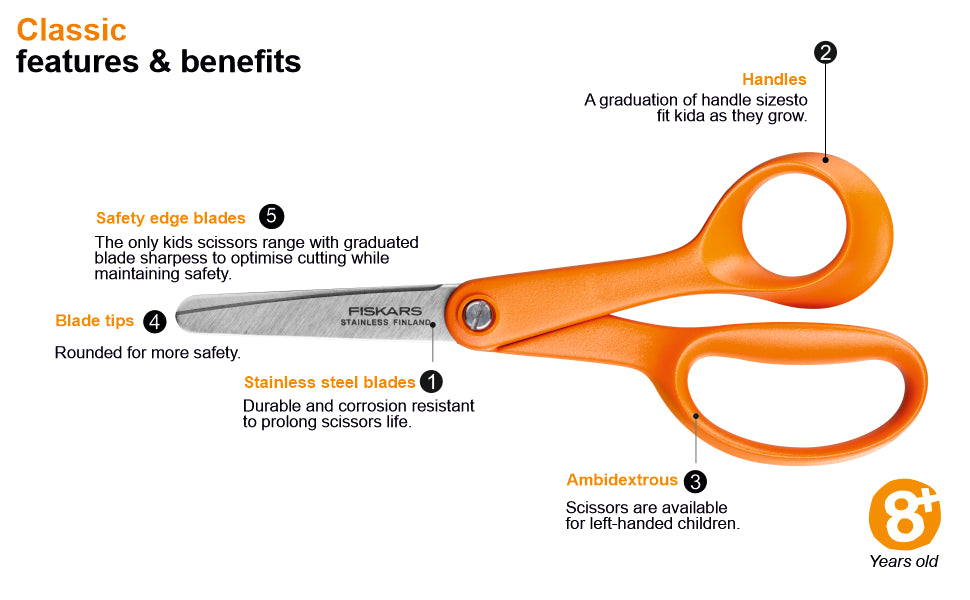 FISKARS Kids Scissors, Swedish sandvik steel, Classic scissors, Orange, 13cm