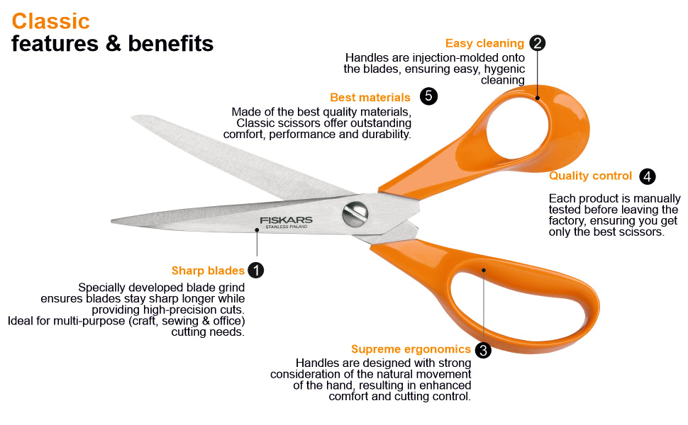 FISKARS Classic Scissors, Classic Large Universal Scissors, Swedish Sandvik steel, 25cm
