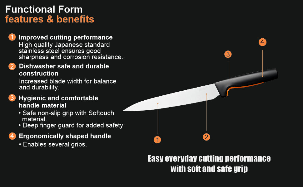 Fiskars FF Knife, FF Carving Knife, Japenese Stainless Steel, Made with Plastic Softgrip Handle, 24cm