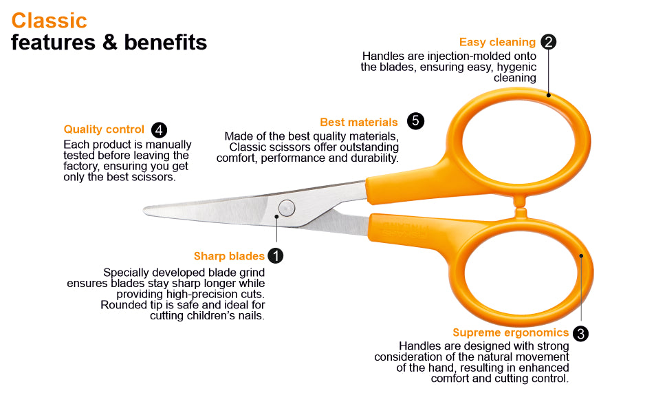 FISKARS Classic Scissors, Classic Round Tip Manicure Scissors, Swedish Sandvik steel, 10cm