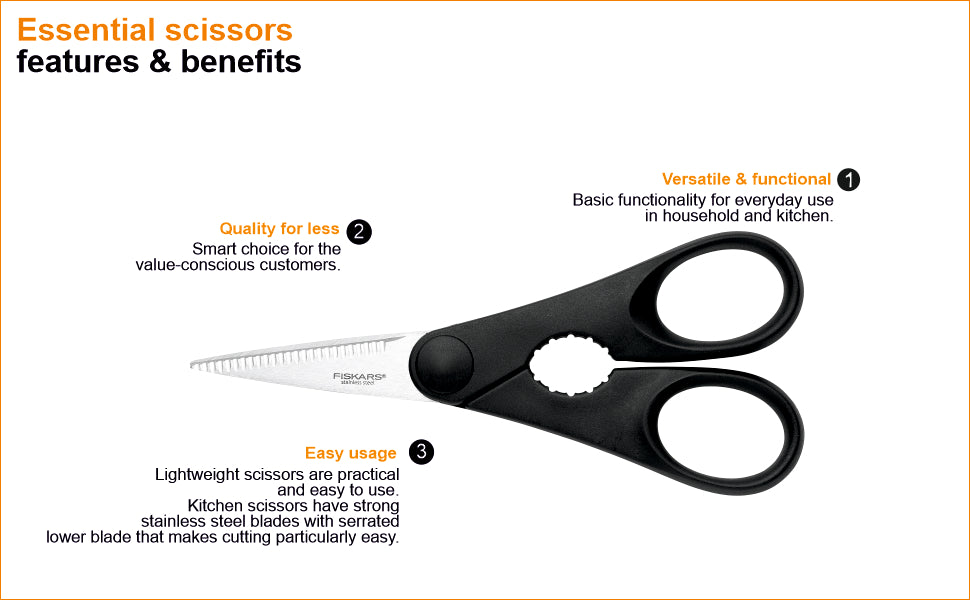 FISKARS Scissors, Essential Scissors, Essential kitchen scissors with opener, Stainless steel.