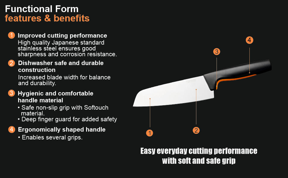 Fiskars FF Knife, FF Santoku Knife, Japenese Stainless Steel, Made with Plastic Softgrip Handle, 16cm