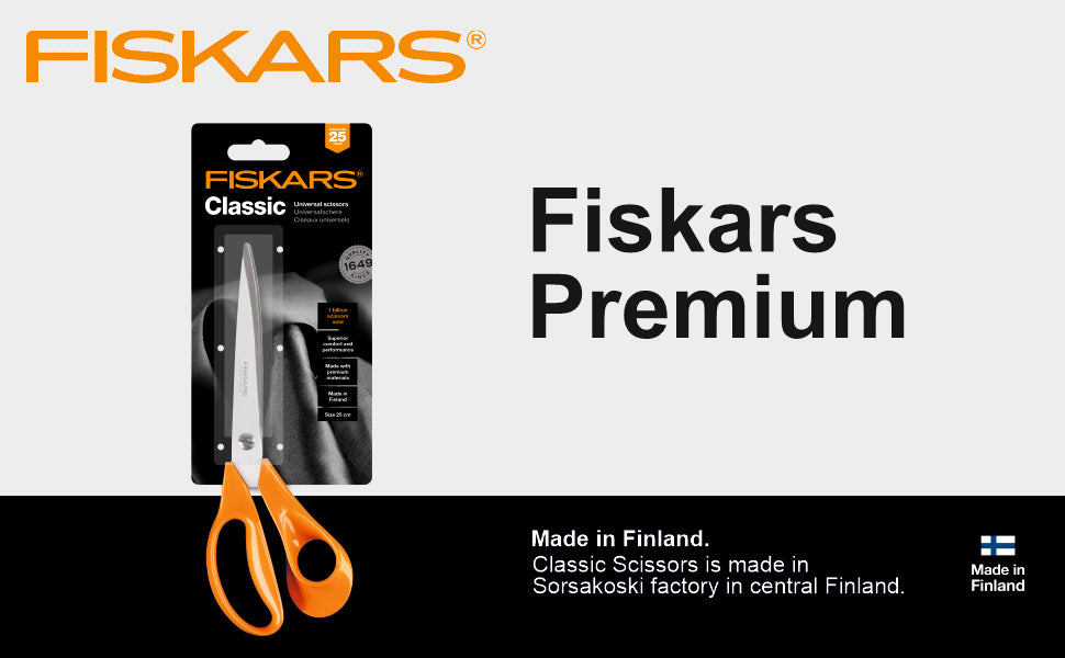FISKARS Classic Scissors, Classic Large Universal Scissors, Swedish Sandvik steel, 25cm
