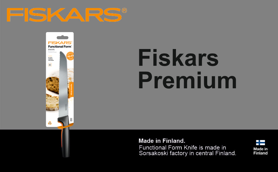 Fiskars FF Knife, FF Bread Knife, Japenese Stainless Steel, Made with Plastic Softgrip Handle, 23cm