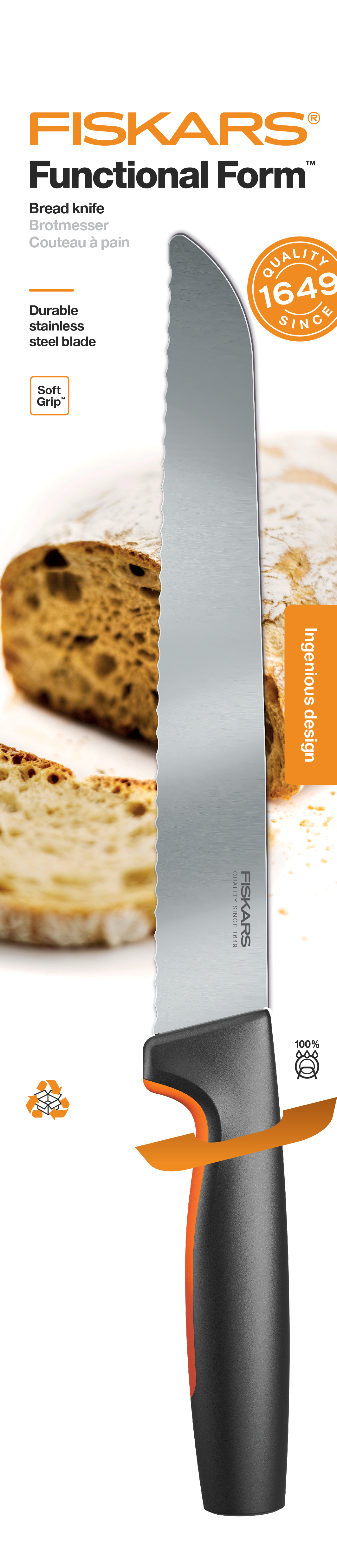 Fiskars FF Knife, FF Bread Knife, Japenese Stainless Steel, Made with Plastic Softgrip Handle, 23cm