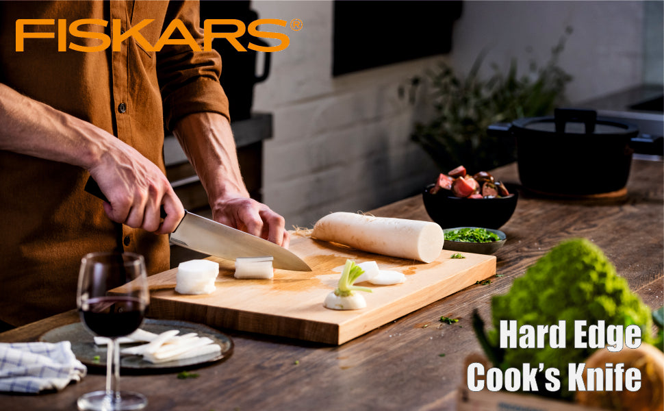 Fiskars Handle: Plastic with Softgrip ; Blade: Japanese Stainless Steel Hard Edge Large Cooks Knife | 1051747