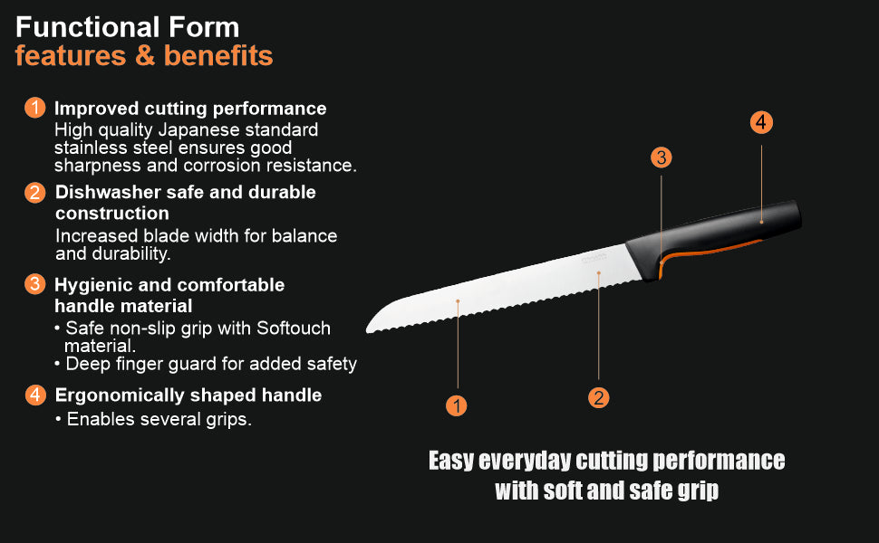 Fiskars FF Knife, FF Bread Knife, Japenese Stainless Steel, Made with Plastic Softgrip Handle, 23cm