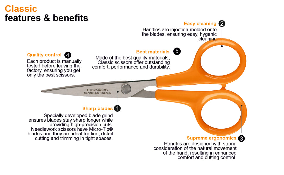 FISKARS Classic Scissors, Classic Needlework Scissors, Swedish Sandvik steel, 13cm