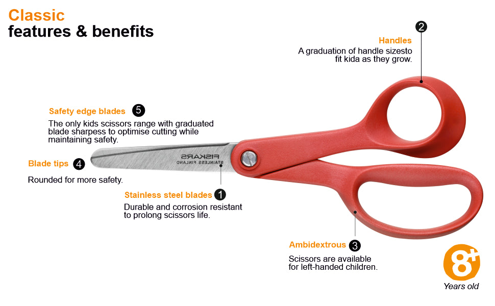 FISKARS Kids Scissors, Swedish sandvik steel, Classic scissors, Red, 13cm