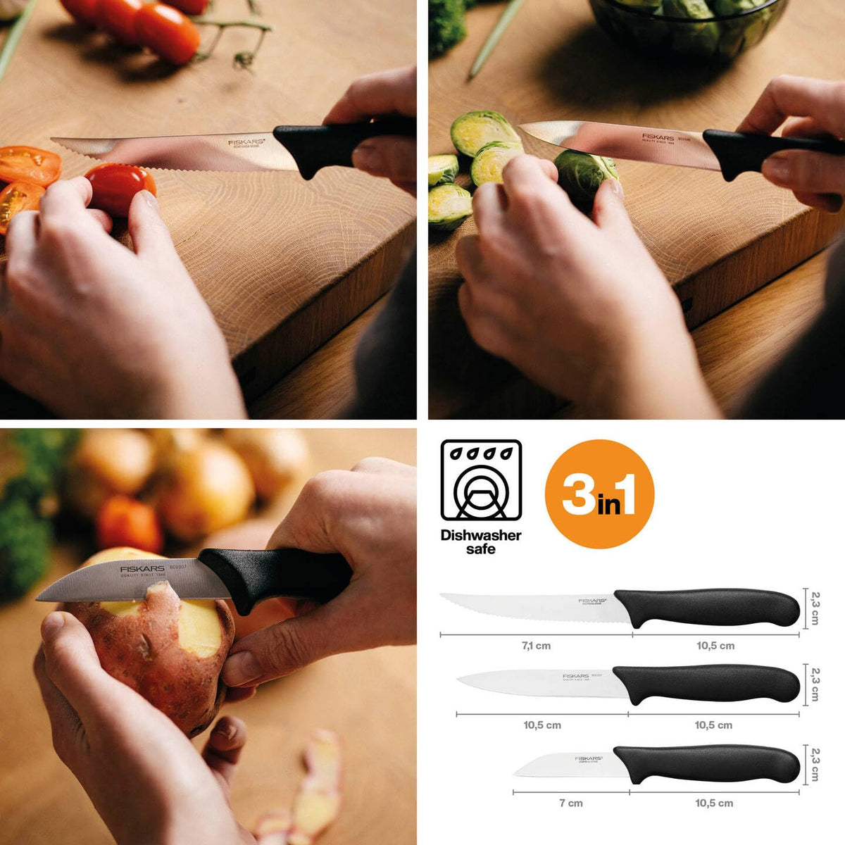 Fiskars Essential Paring Knife Set of 3 | Paring, Vegetable & Tomato Knife | Stainless Steel