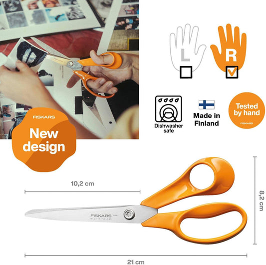 Fiskars Classic Universal Craft and Fabric Scissors, Right-Handed, Total Length: 21 cm, Improved Torx Screw and Ergonomic Handle, Quality Steel/Plastic, Orange, 1075032