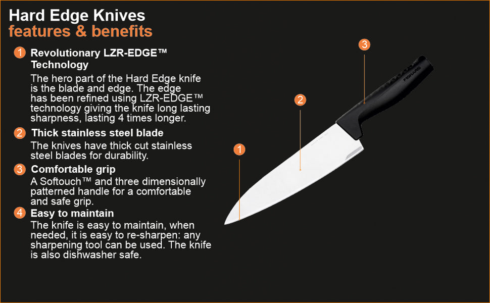 Fiskars Handle: Plastic with Softgrip ; Blade: Japanese Stainless Steel Hard Edge Large Cooks Knife | 1051747