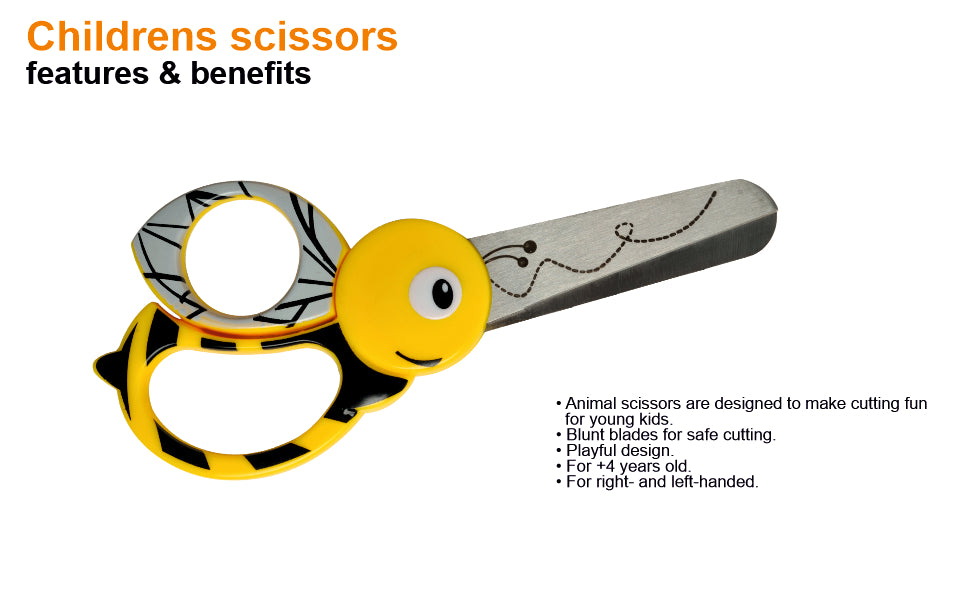 FISKARS Kids Scissors, Stainless Steel, Multicoloured Animal Scissors, Bee, 13cm