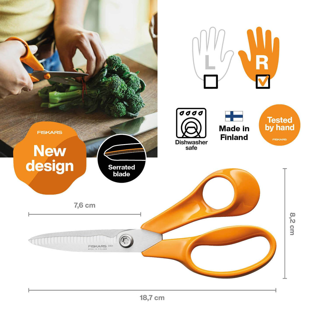 Fiskars Classic Kitchen Scissors | Serrated Blades | 18.8 cm | Right-Handed