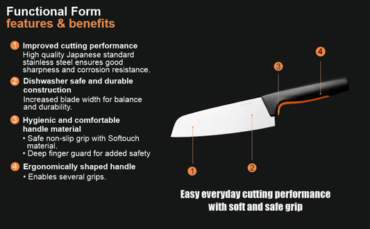 Fiskars FF Knife, FF Santoku Knife, Japenese Stainless Steel, Made with Plastic Softgrip Handle, 16cm