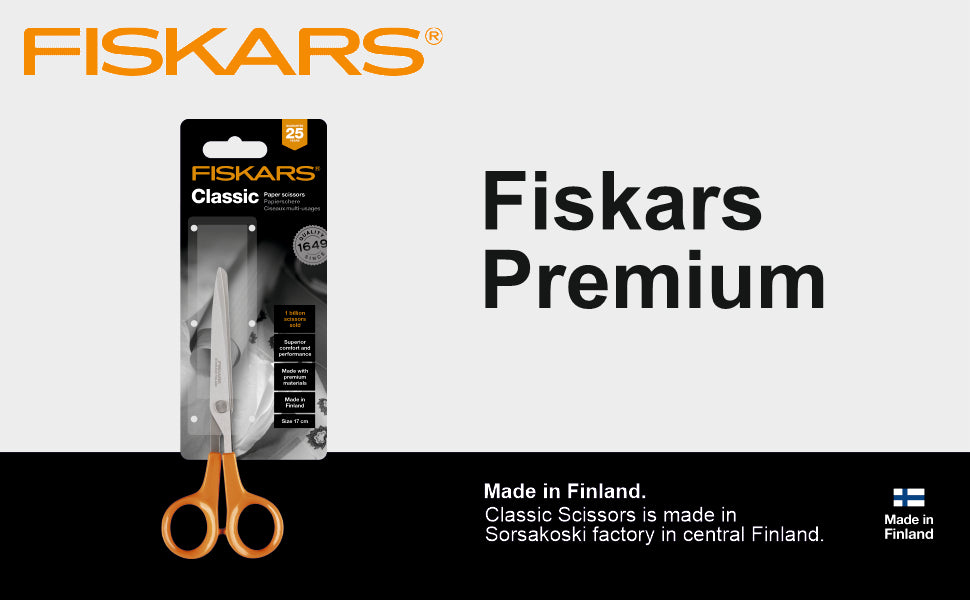 FISKARS Classic scissors, Classic Paper Scissors, Made for Kitchen Swedish Sandvik Steel, 17cm