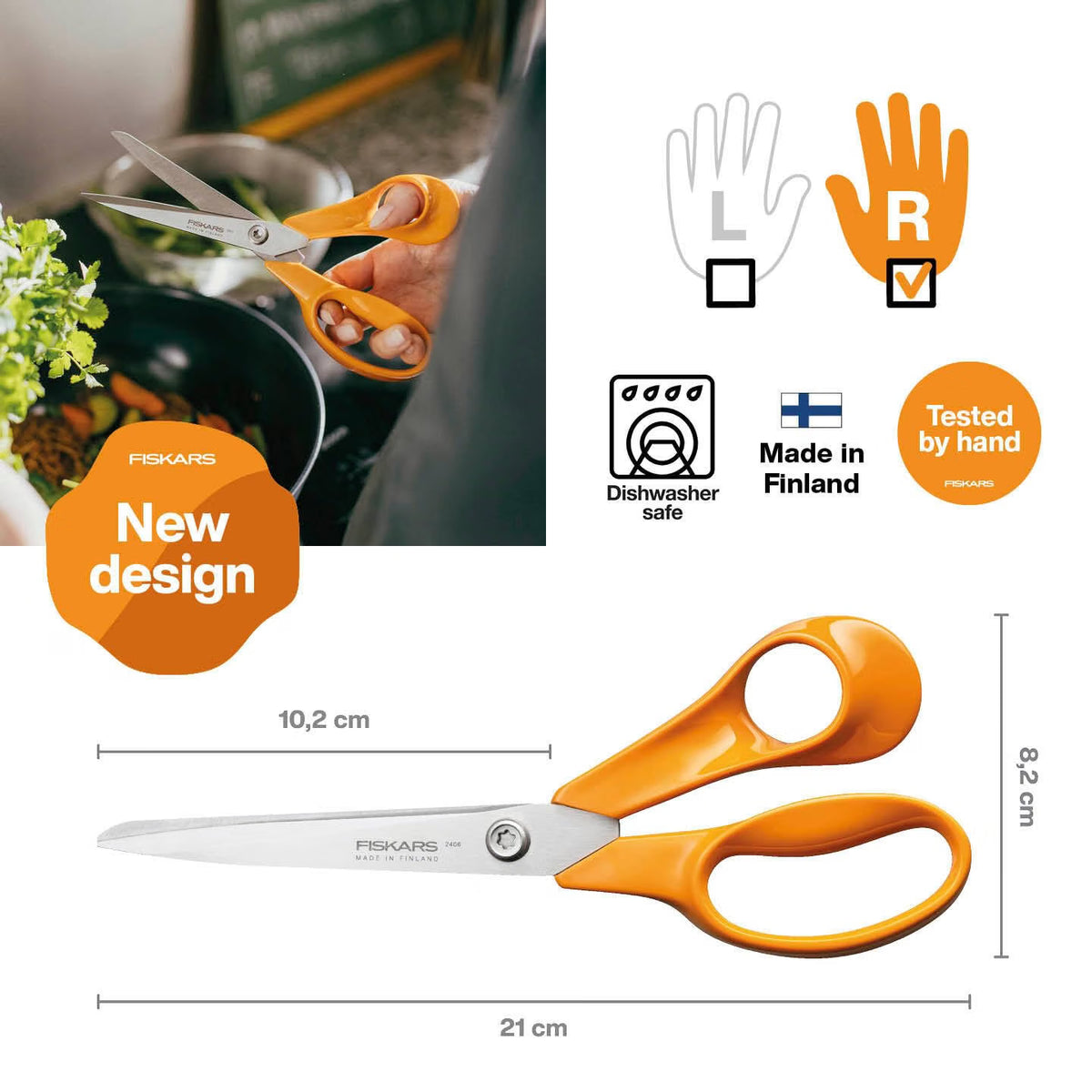 Fiskars Classic Universal Kitchen Scissors, Right-Handed, Total Length: 21 cm, Improved Torx Screw and More Ergonomic Handle, Sustainable Packaging, Quality Steel/Plastic, Orange, 1075031