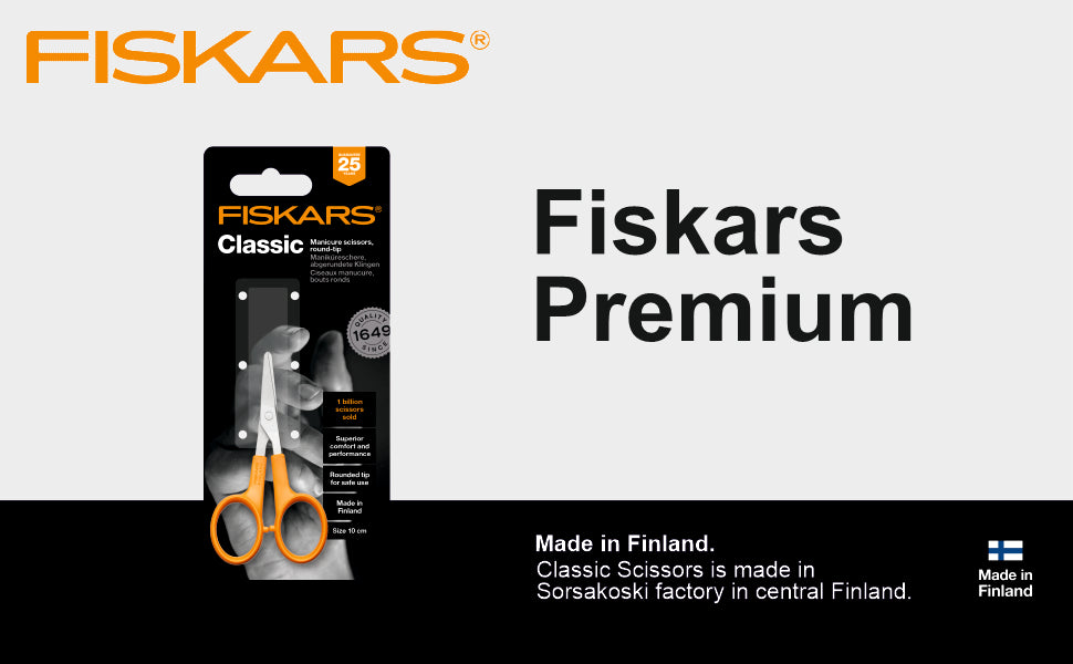 FISKARS Classic Scissors, Classic Round Tip Manicure Scissors, Swedish Sandvik steel, 10cm
