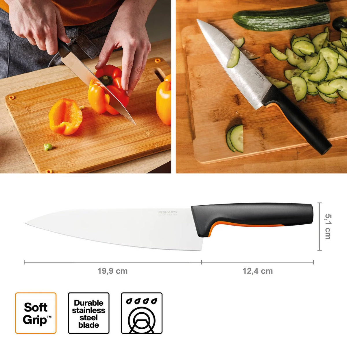 Fiskars FF Large Cook's Knife, Japanese Stainless Steel, 20 cm