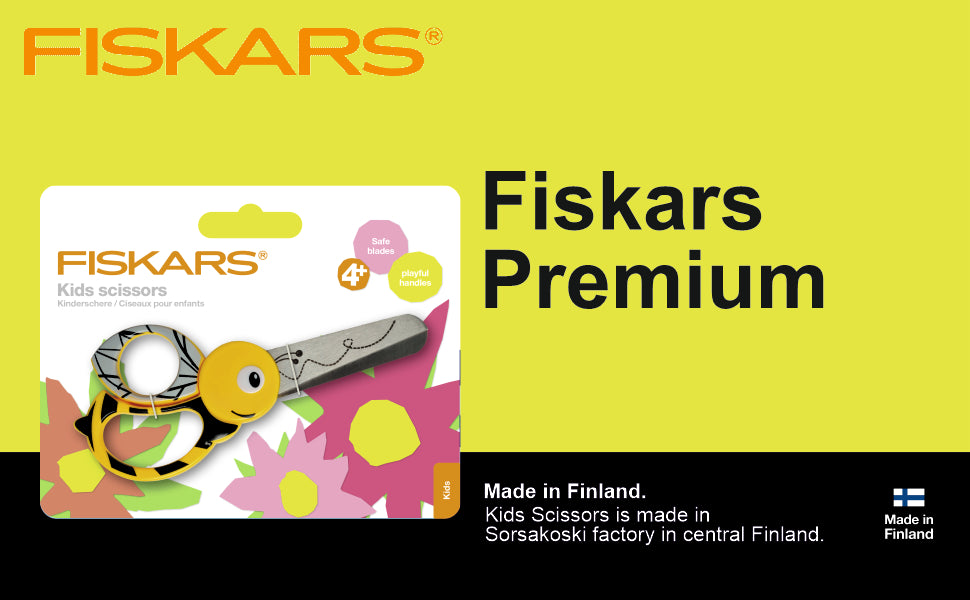 FISKARS Kids Scissors, Stainless Steel, Multicoloured Animal Scissors, Bee, 13cm