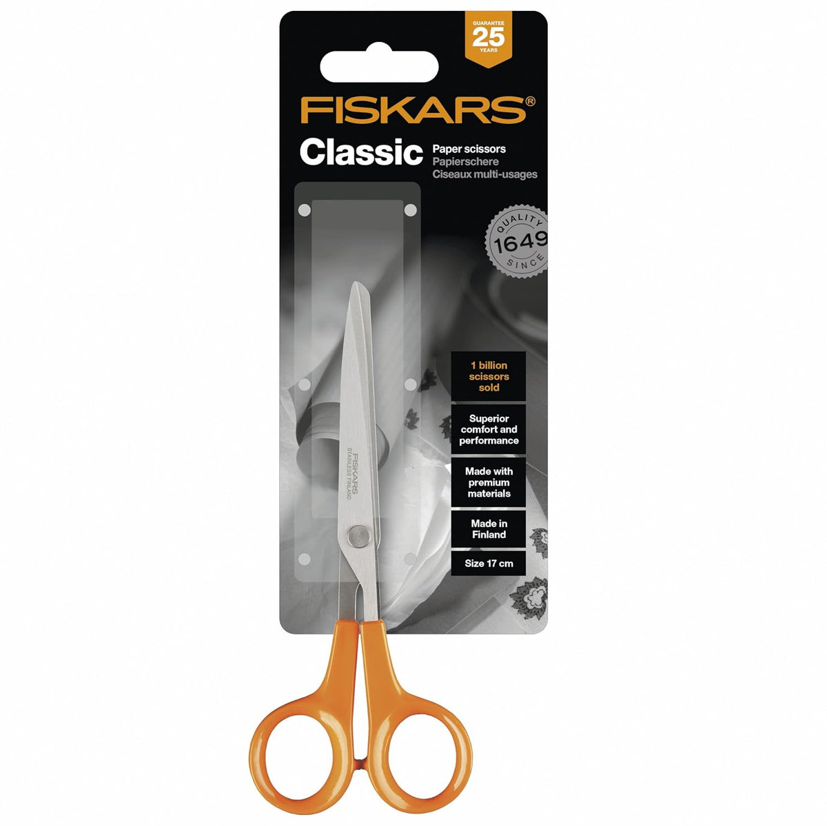 Fiskars Classic Paper Scissors 17 cm | Sandvik Steel | Ambidextrous | Made in Finland