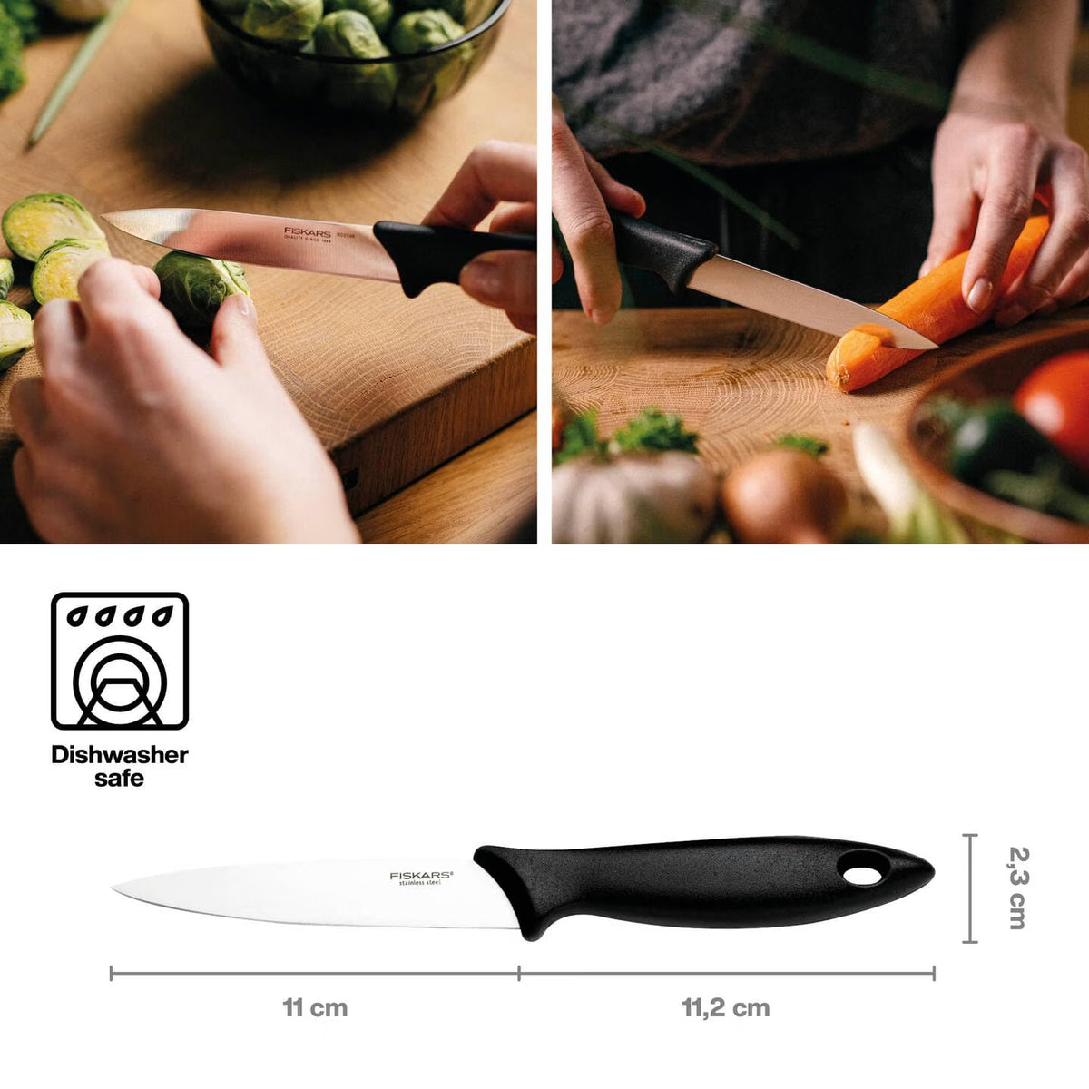 Fiskars Essential Medium-Sized Kitchen Knife, Paring Knife for Peeling and Cutting Fruits & Vegetables  Handy and Efficient 11cm