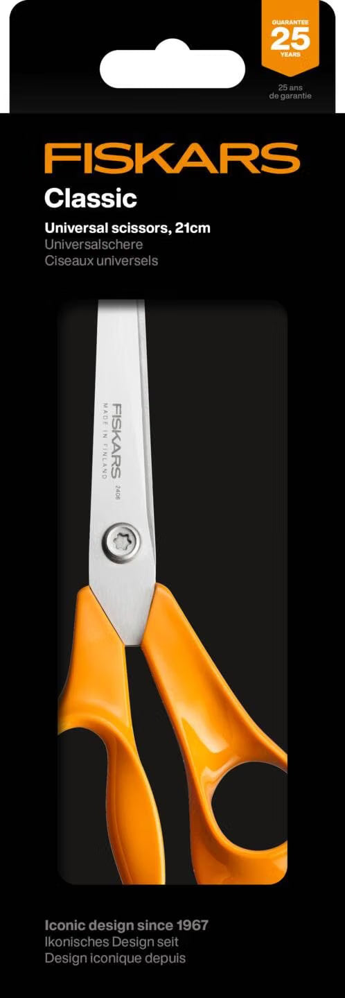 Fiskars Classic Universal Kitchen Scissors, Right-Handed, Total Length: 21 cm, Improved Torx Screw and More Ergonomic Handle, Sustainable Packaging, Quality Steel/Plastic, Orange, 1075031