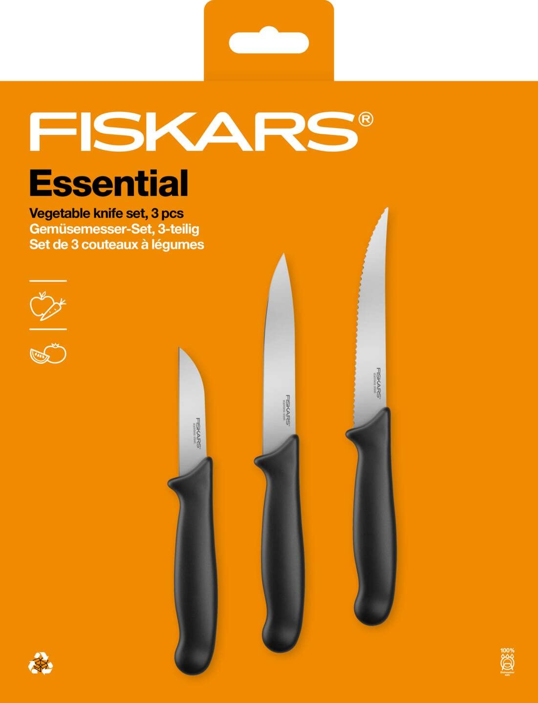Fiskars Essential Paring Knife Set of 3 | Paring, Vegetable & Tomato Knife | Stainless Steel